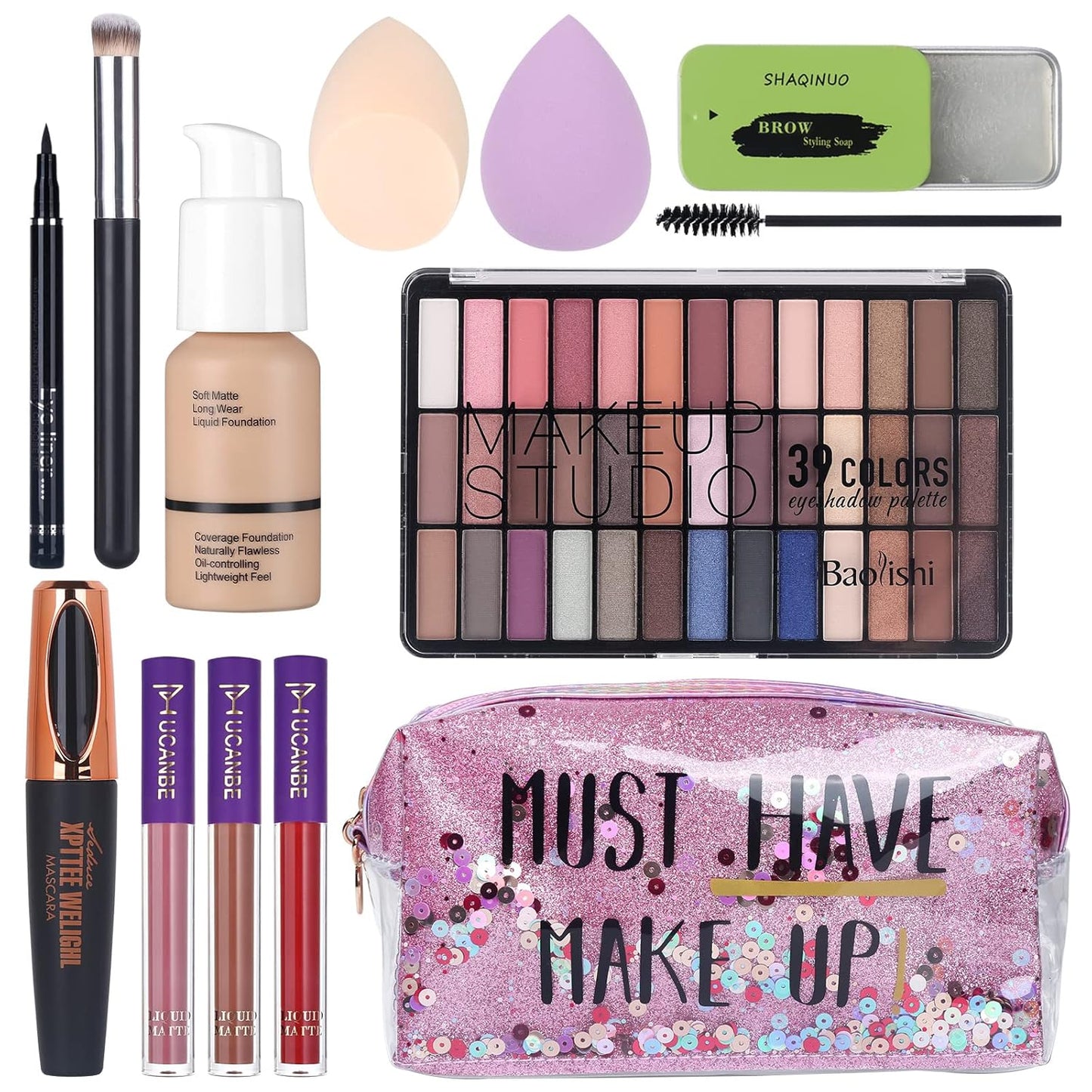 Ultimate Makeup Set for Women - 39 Color Smokey Eyeshadow Palette, Foundation & Concealer Brush, Eyeliner Pen, Matte Lipstick, Eyebrow Gel, Sponges & Stylish Makeup Bag!
