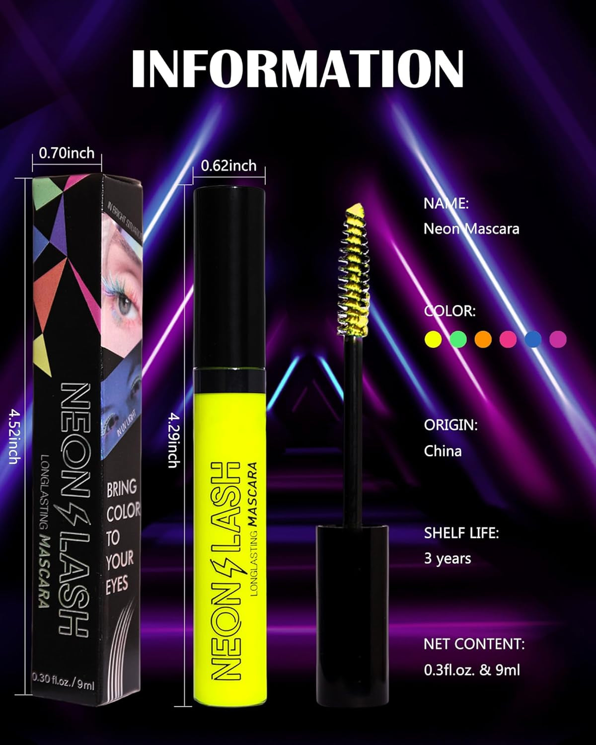 Vibrant Neon Mascara Set - 6 UV Glow Colors for Stunning Volume & Length, Waterproof & Smudge-Proof for All-Day Wear, Perfect for Halloween & Parties!