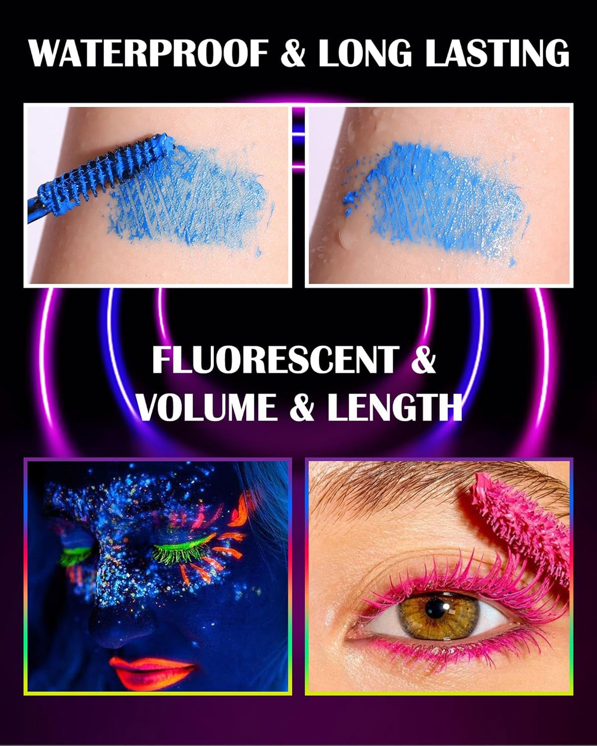 Vibrant Neon Mascara Set - 6 UV Glow Colors for Stunning Volume & Length, Waterproof & Smudge-Proof for All-Day Wear, Perfect for Halloween & Parties!