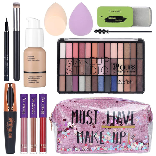Ultimate Makeup Set for Women - 39 Color Smokey Eyeshadow Palette, Foundation & Concealer Brush, Eyeliner Pen, Matte Lipstick, Eyebrow Gel, Sponges & Stylish Makeup Bag!