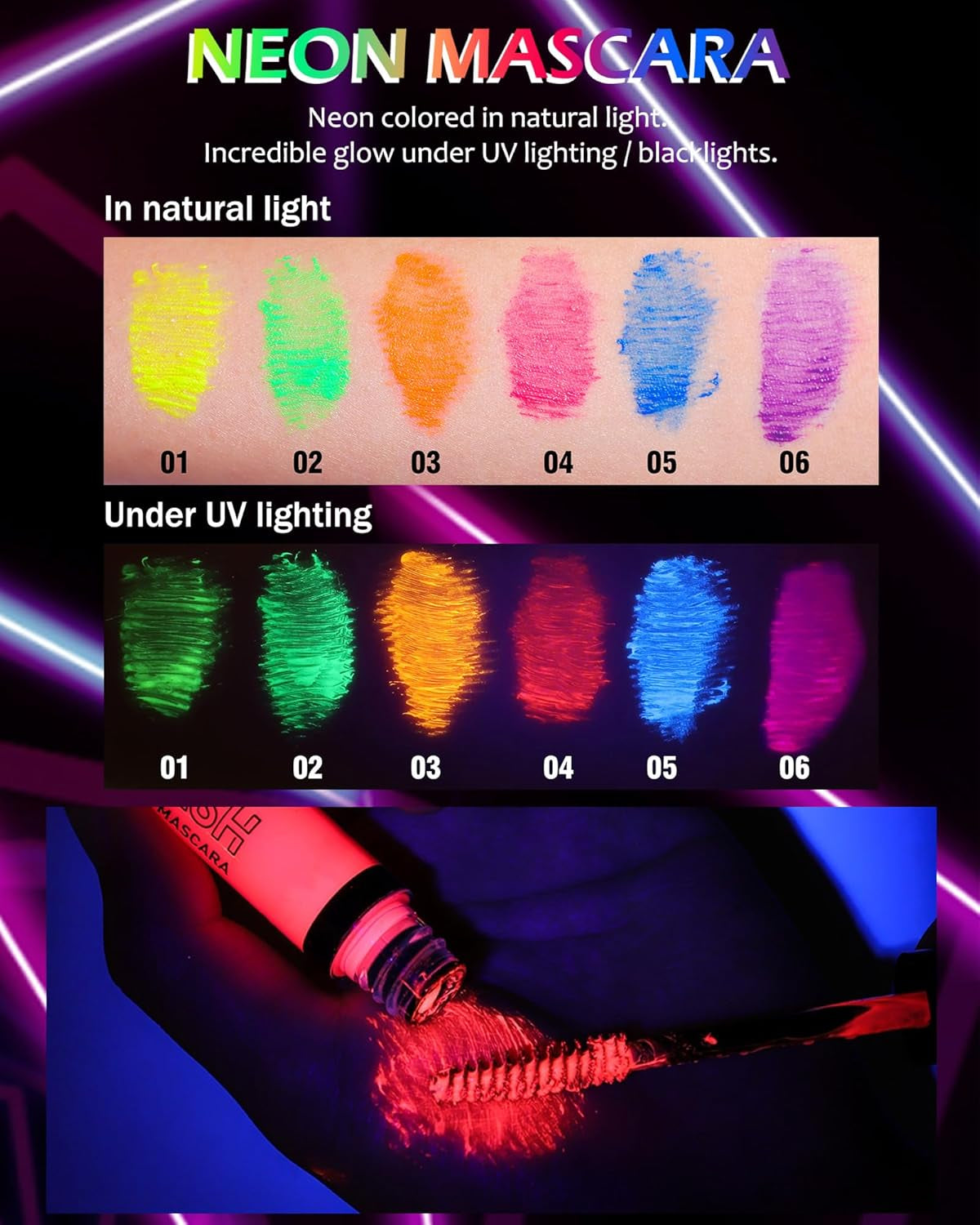 Vibrant Neon Mascara Set - 6 UV Glow Colors for Stunning Volume & Length, Waterproof & Smudge-Proof for All-Day Wear, Perfect for Halloween & Parties!