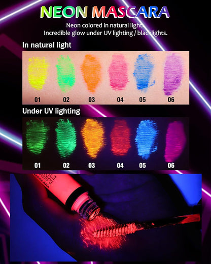 Vibrant Neon Mascara Set - 6 UV Glow Colors for Stunning Volume & Length, Waterproof & Smudge-Proof for All-Day Wear, Perfect for Halloween & Parties!