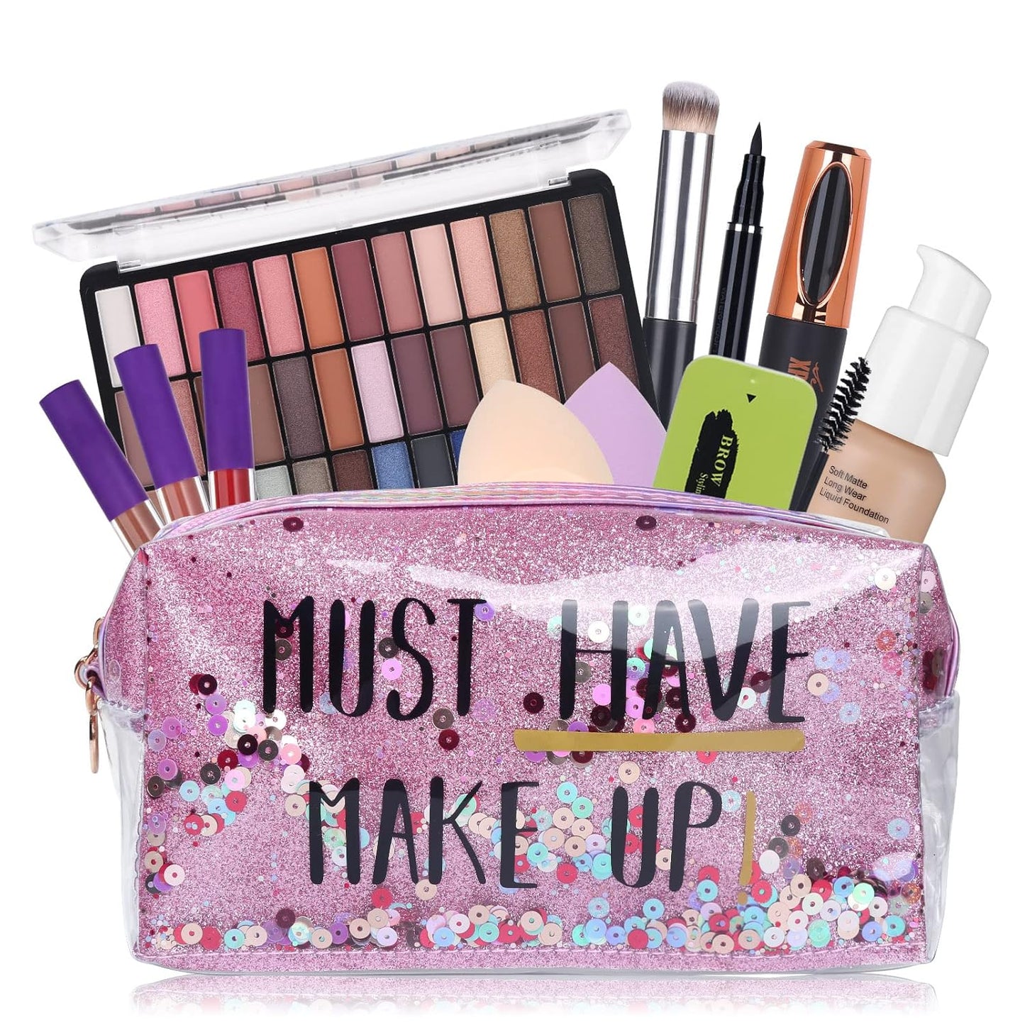 Ultimate Makeup Set for Women - 39 Color Smokey Eyeshadow Palette, Foundation & Concealer Brush, Eyeliner Pen, Matte Lipstick, Eyebrow Gel, Sponges & Stylish Makeup Bag!