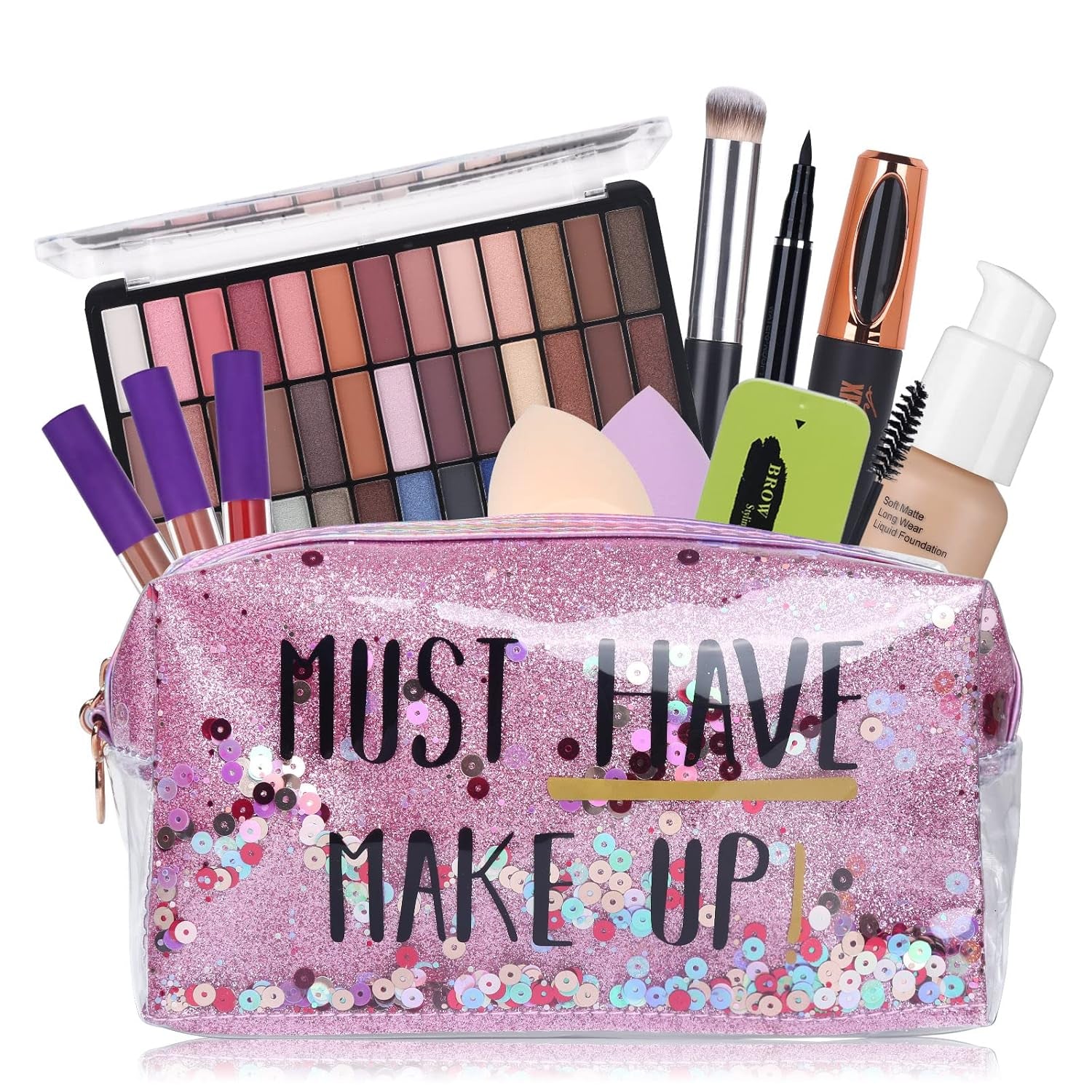 Ultimate Makeup Set for Women - 39 Color Smokey Eyeshadow Palette, Foundation & Concealer Brush, Eyeliner Pen, Matte Lipstick, Eyebrow Gel, Sponges & Stylish Makeup Bag!