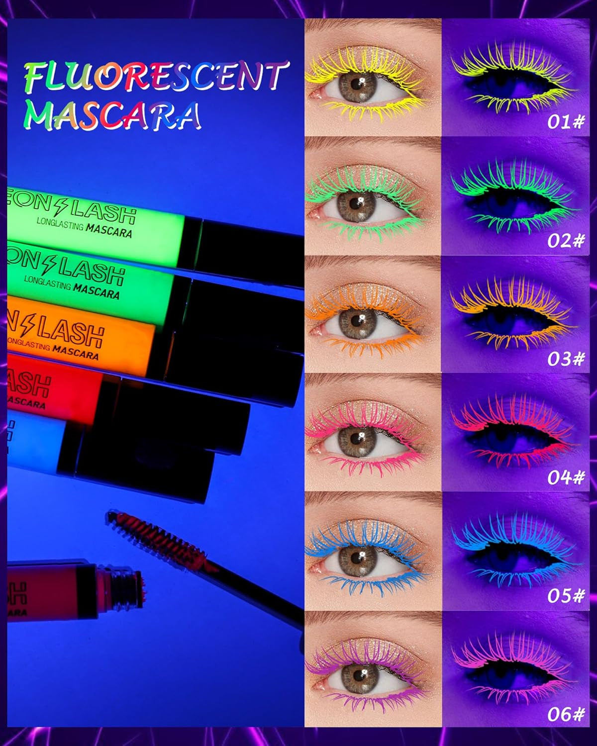 Vibrant Neon Mascara Set - 6 UV Glow Colors for Stunning Volume & Length, Waterproof & Smudge-Proof for All-Day Wear, Perfect for Halloween & Parties!