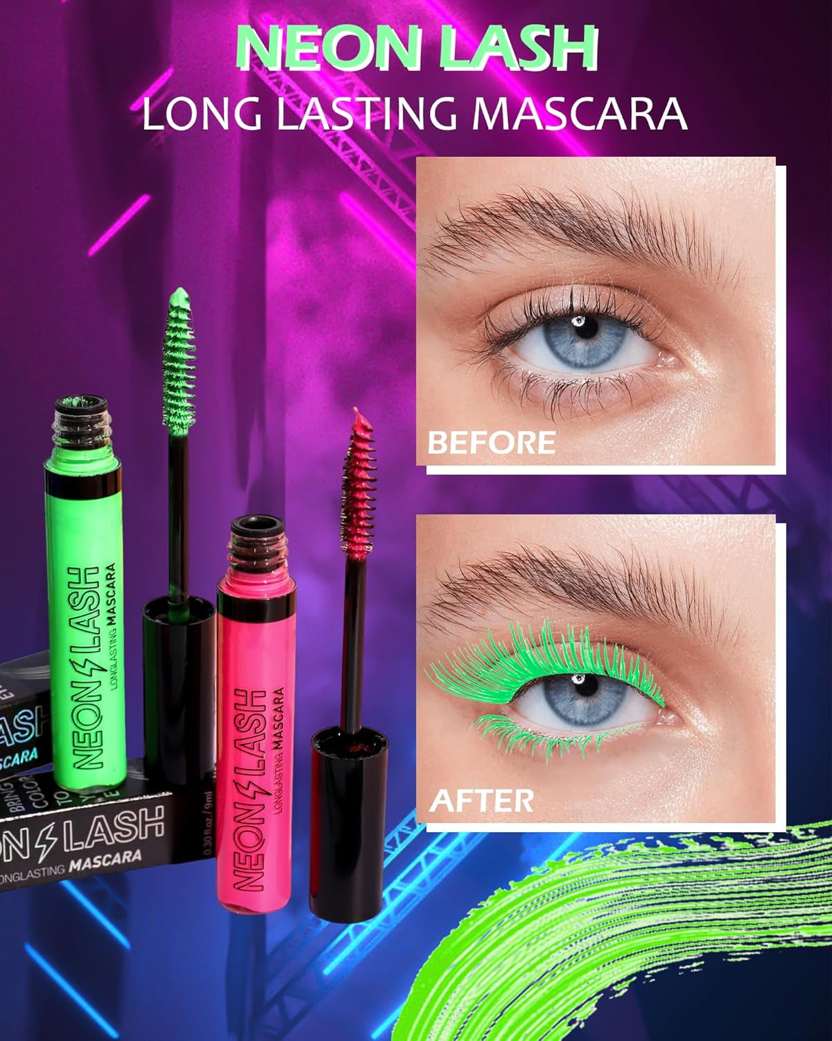Vibrant Neon Mascara Set - 6 UV Glow Colors for Stunning Volume & Length, Waterproof & Smudge-Proof for All-Day Wear, Perfect for Halloween & Parties!