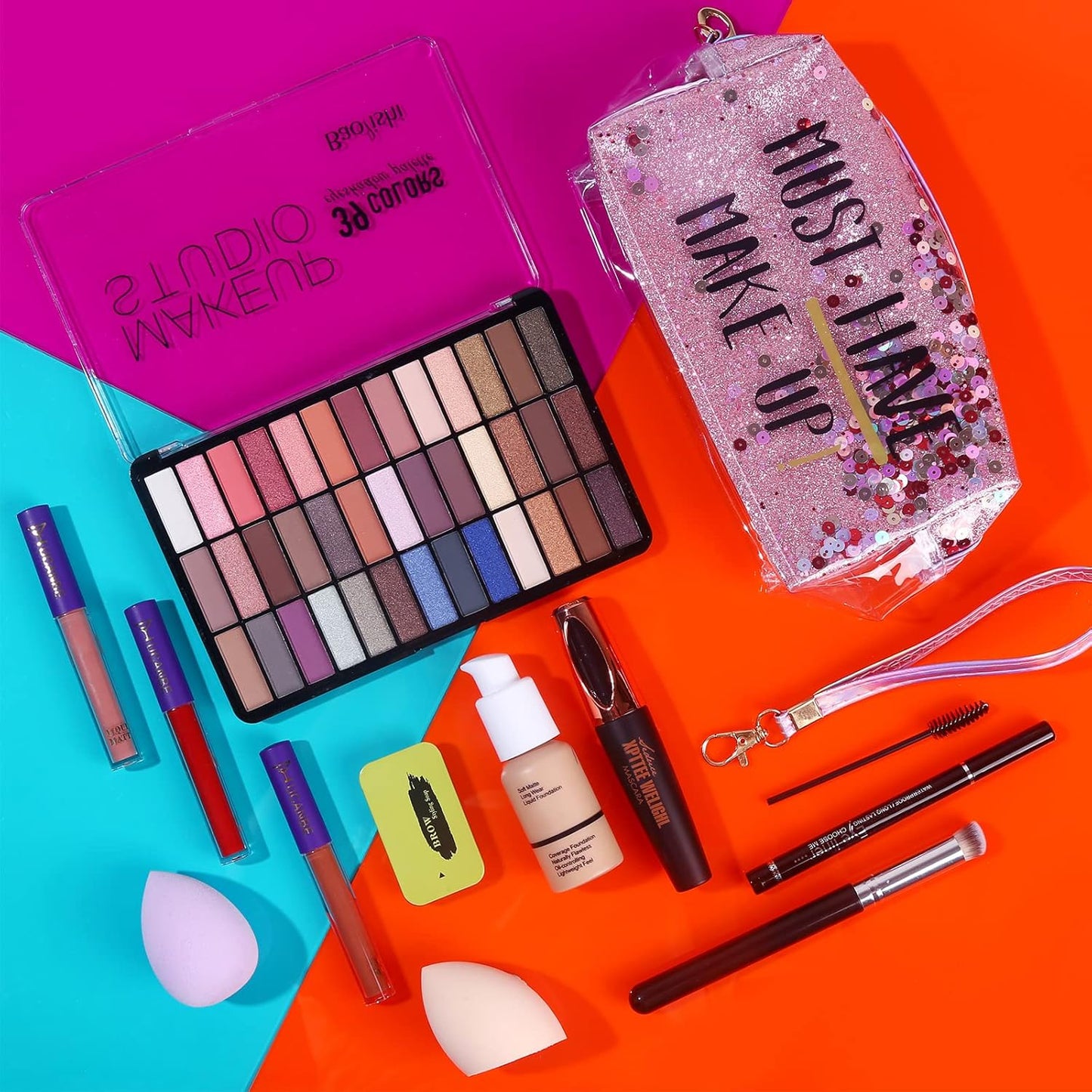 Ultimate Makeup Set for Women - 39 Color Smokey Eyeshadow Palette, Foundation & Concealer Brush, Eyeliner Pen, Matte Lipstick, Eyebrow Gel, Sponges & Stylish Makeup Bag!